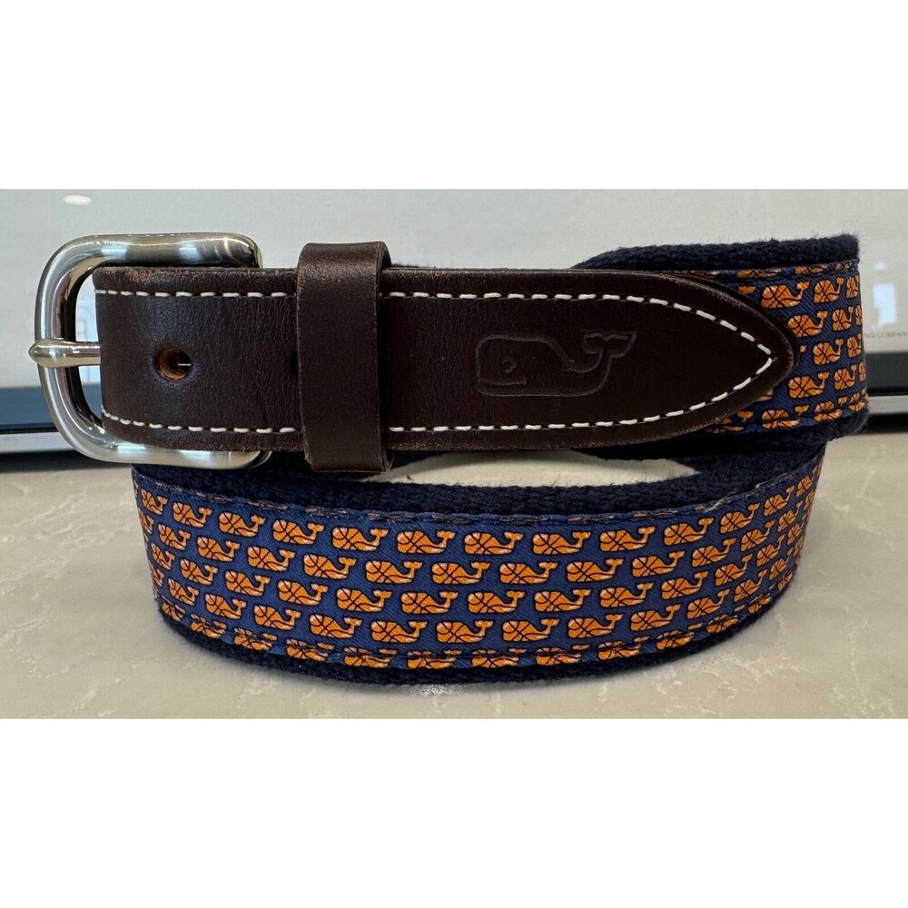 VINEYARD VINES - Basketball Whale Leather Canvas Belt - Size 26